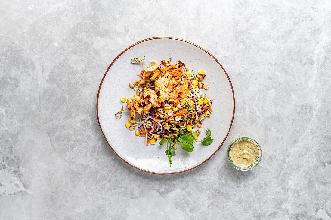 Hähnchen-Kebab auf Krautsalat mit Erdnuss-Satay-Dressing