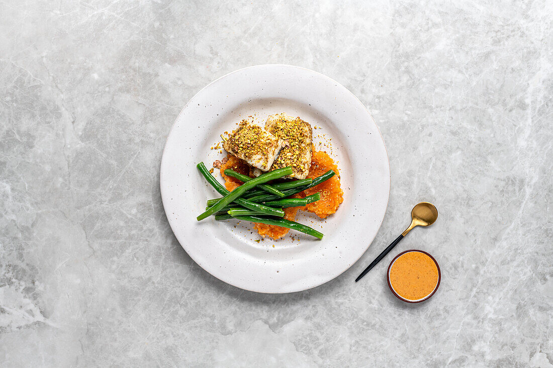 Fischfilet mit Pistazienkruste und grünen Bohnen