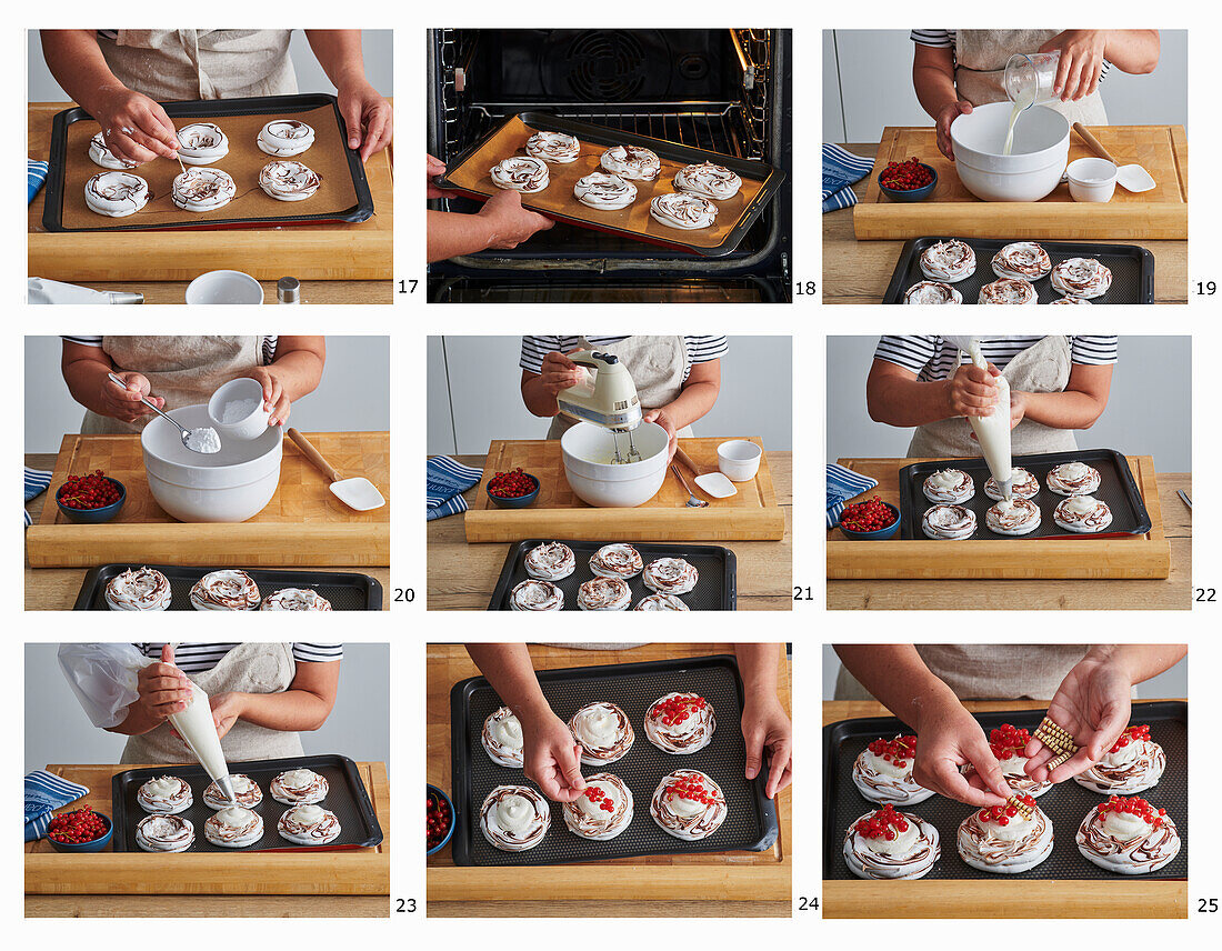 Prepare mini pavlovas with redcurrants and wafer rolls