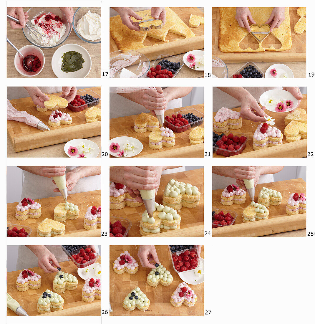 Prepare heart-shaped mini cakes with cream and fresh fruit