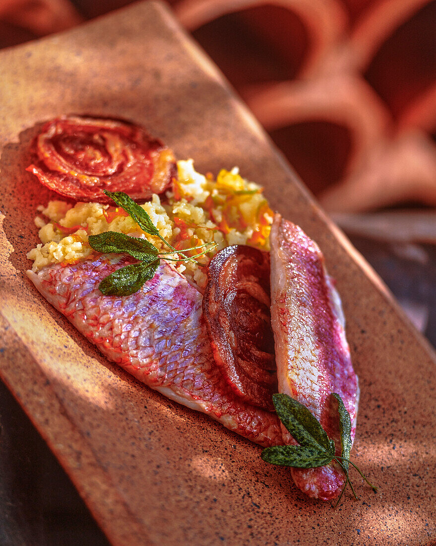 Red mullet with pancetta and vegetables