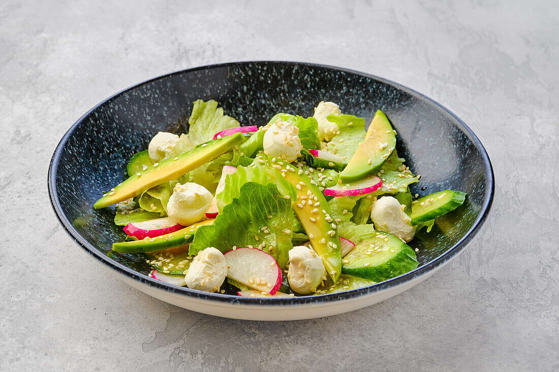 Salat mit Avocado, Radieschen und Mozzarella