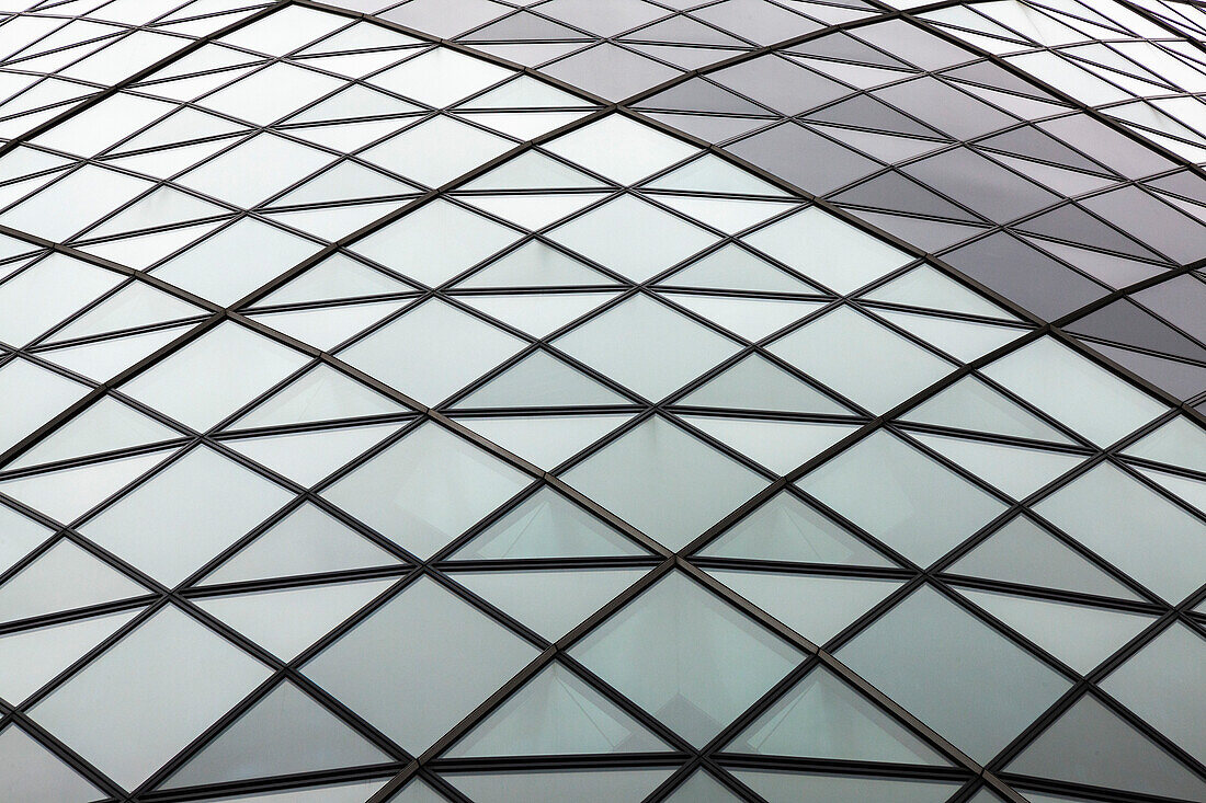 Low angle view of building detail, 30 St Mary Axe, also known as the Gherkin, London, England, UK