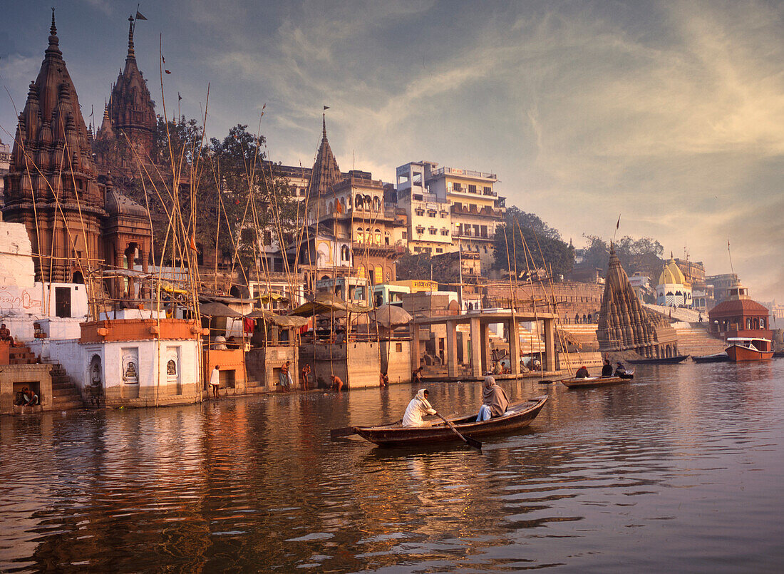 Boats and ghats on Ganges River, Varanasi, Uttar Pradesh, India