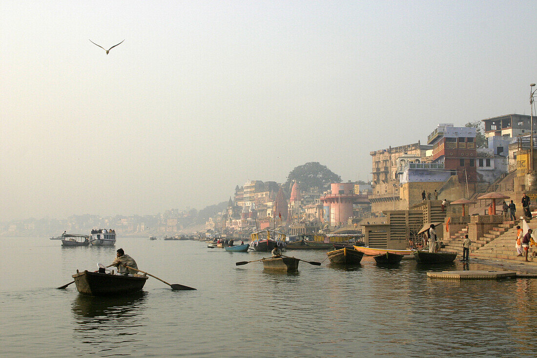 Boats and ghats on Ganges River, Varanasi, Uttar Pradesh, India