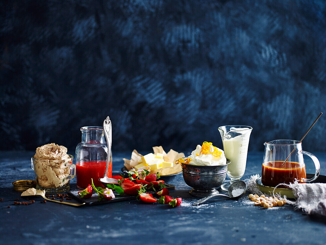 Dessert sauces: Spicy rum butter, strawberry coulis, hazelnut sauce and caramel sauce