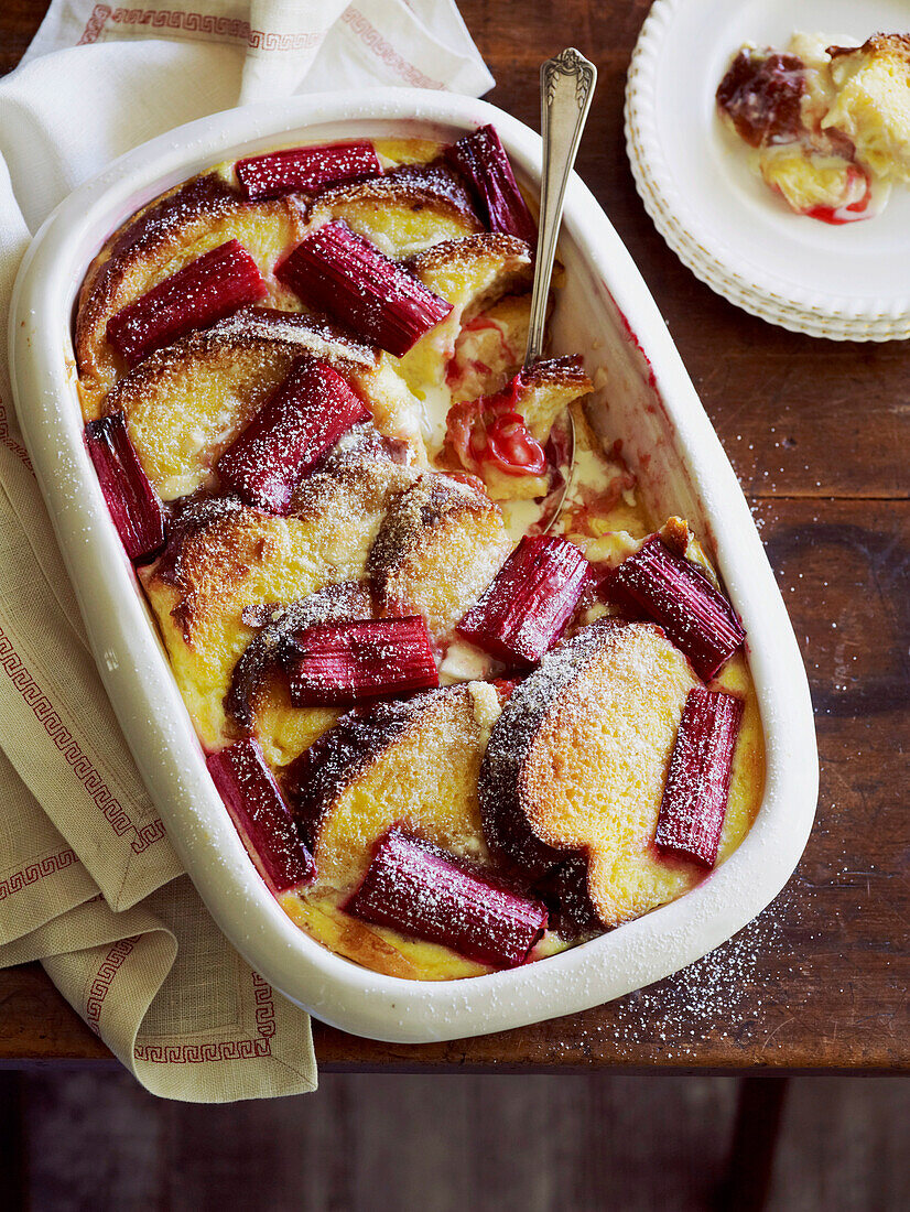 Bread and butter pudding with rhubarb and white chocolate