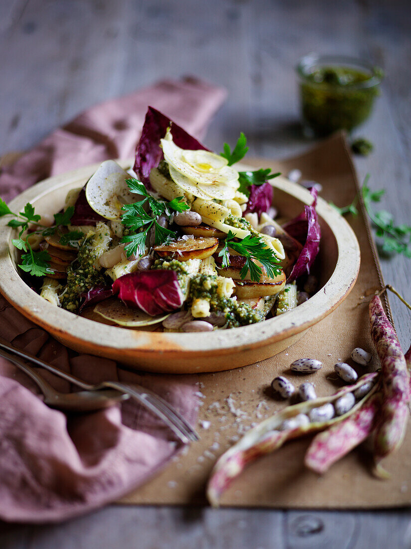 Pasta with nut paste, pear and borlotti beans