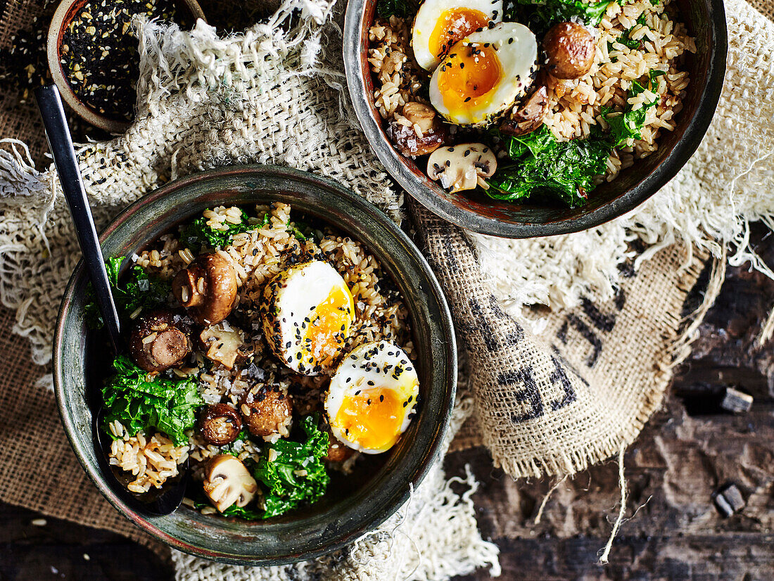 Brown rice and mushroom bowl with dukkah eggs
