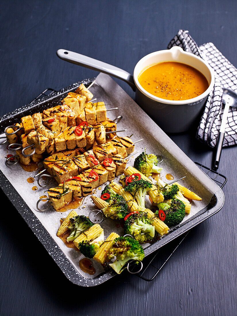Tempeh skewers with sweet potato curry sauce