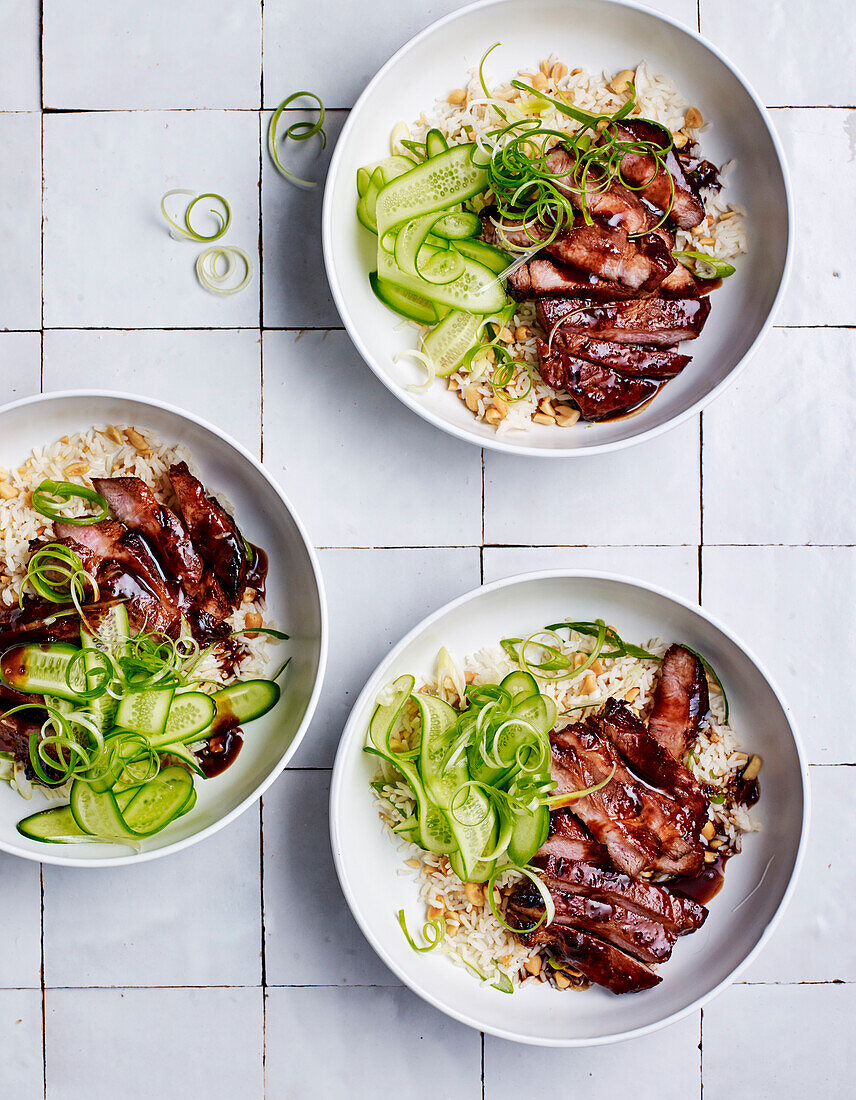 Hoisin pork with peanut rice