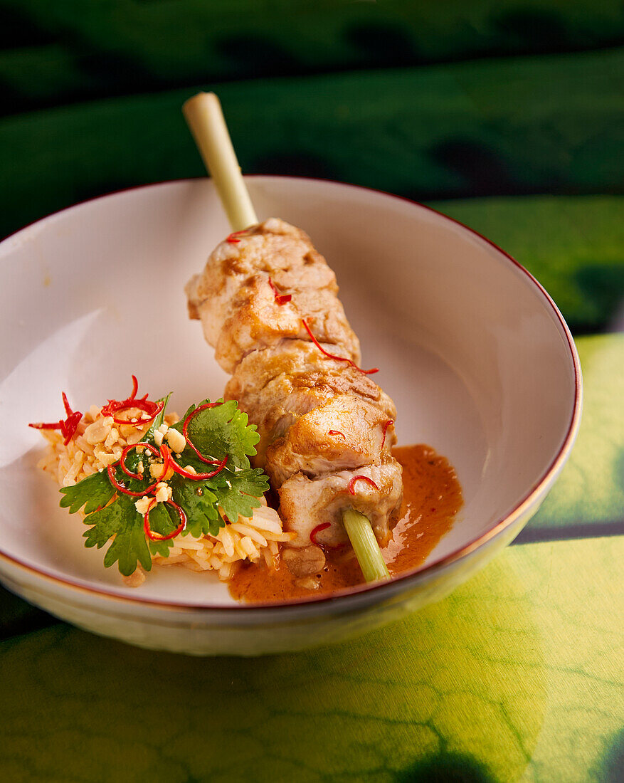 Chicken skewer with chili rice
