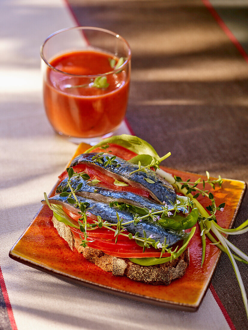 Roasted bread with sardines and gazpacho