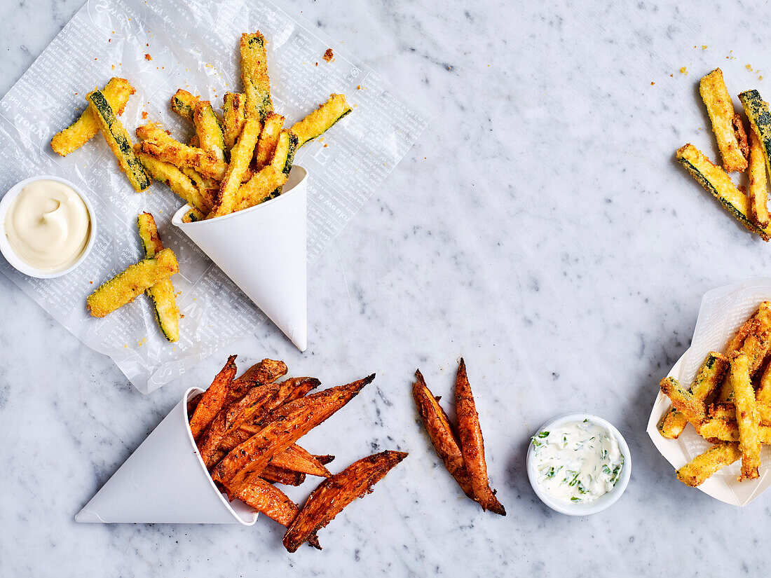 Potato and sweet potato fries with aioli