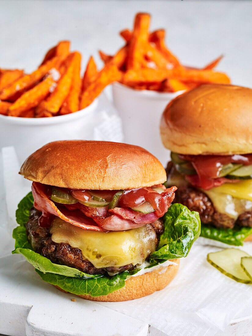 Burger with sweet potato fries