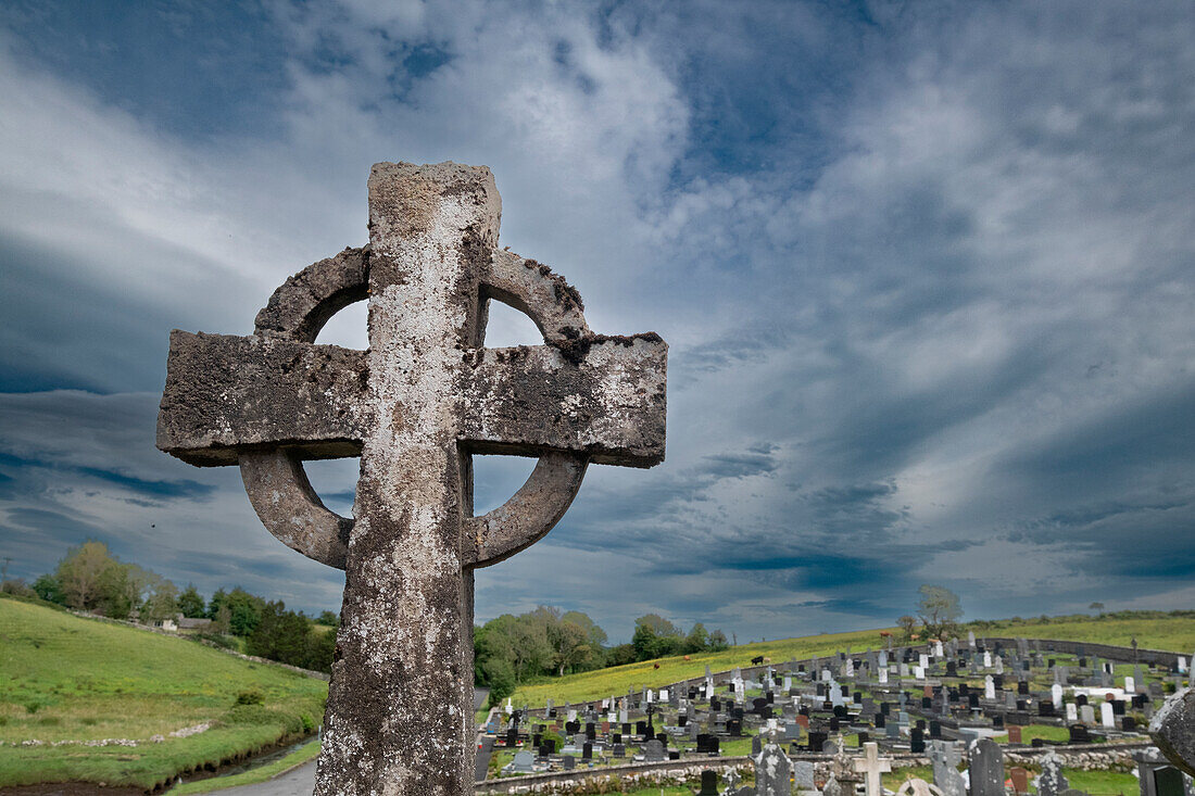 Celtic cross is part of a cemetery at Burrishoole Abbey, County Mayo, Ireland.