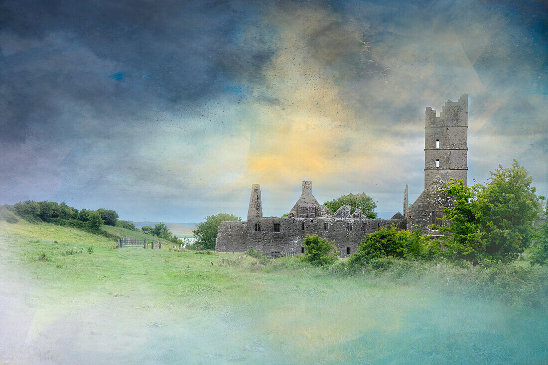 Overview of massive Moyne Abbey, County Mayo, Ireland.