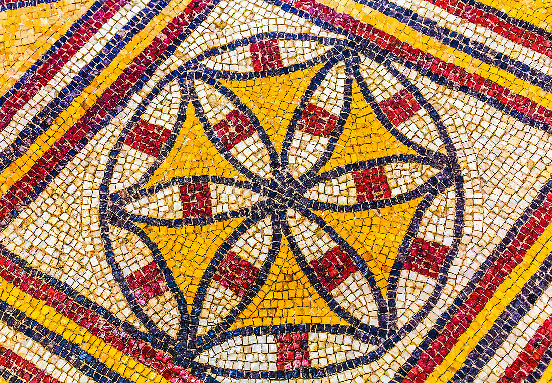 Antikes Moses-Mosaik aus dem 6. Jahrhundert der Kreuzfahrer, Berg Nebo, Jordanien. Berg Nebo, wo Moses das Heilige Land sah und begraben wurde
