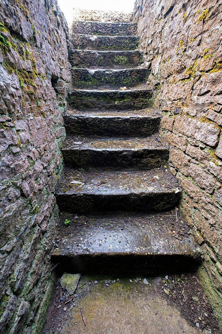 Kloster Ross Errily. Gelegen in der Grafschaft Clare, Irland. Diese alte Treppe führt zu einem Raum, der kein Dach mehr hat.