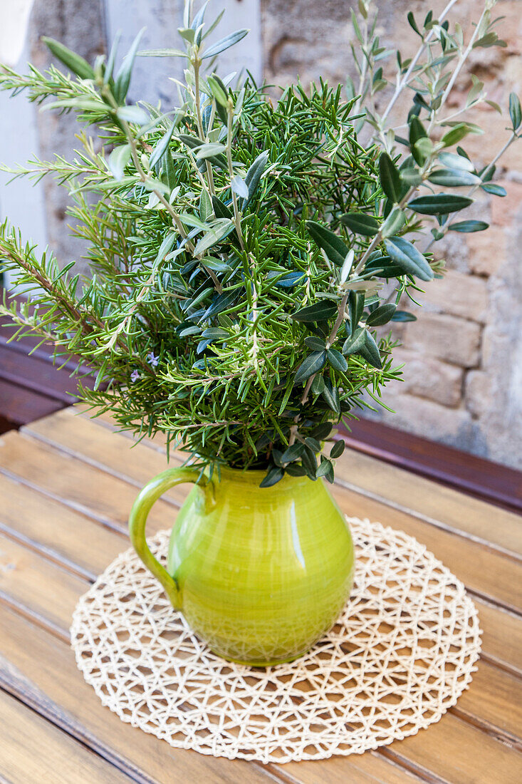 Italy, Umbria, Montefalco. Flower pot display of fresh herbs.