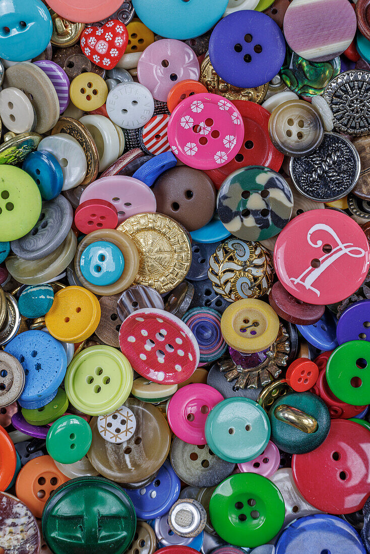 Close-up of variety of colorful buttons.
