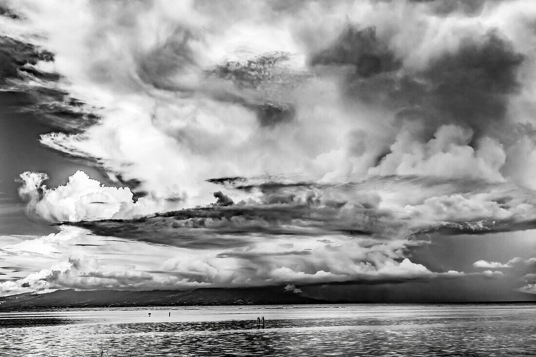 Canoes Tahiti Island Rain Storm Coming Cloudscape Outer Reef Water, Moorea, Tahiti, French Polynesia.