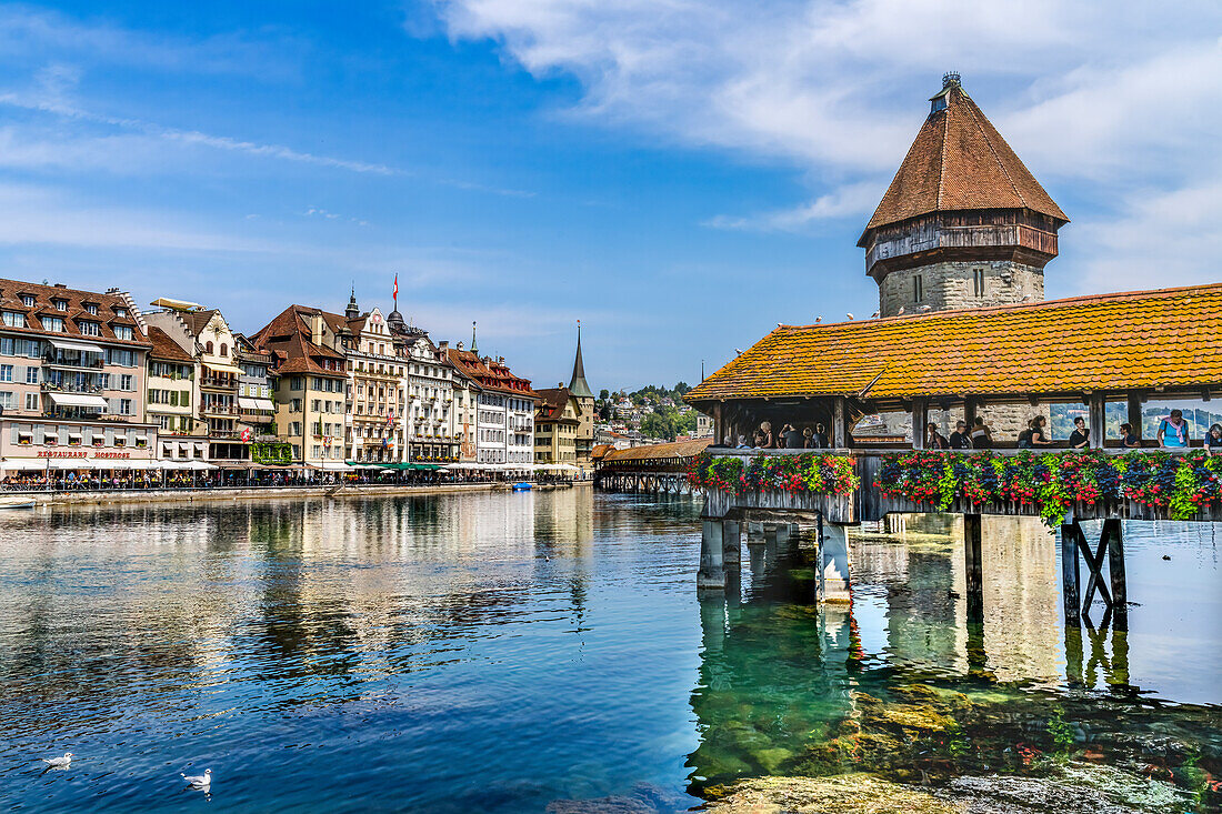 Kapellbrucke over Reuss River, Lucerne, Switzerland. Built in 1365 almost burned down in 1993. (Editorial Use Only)