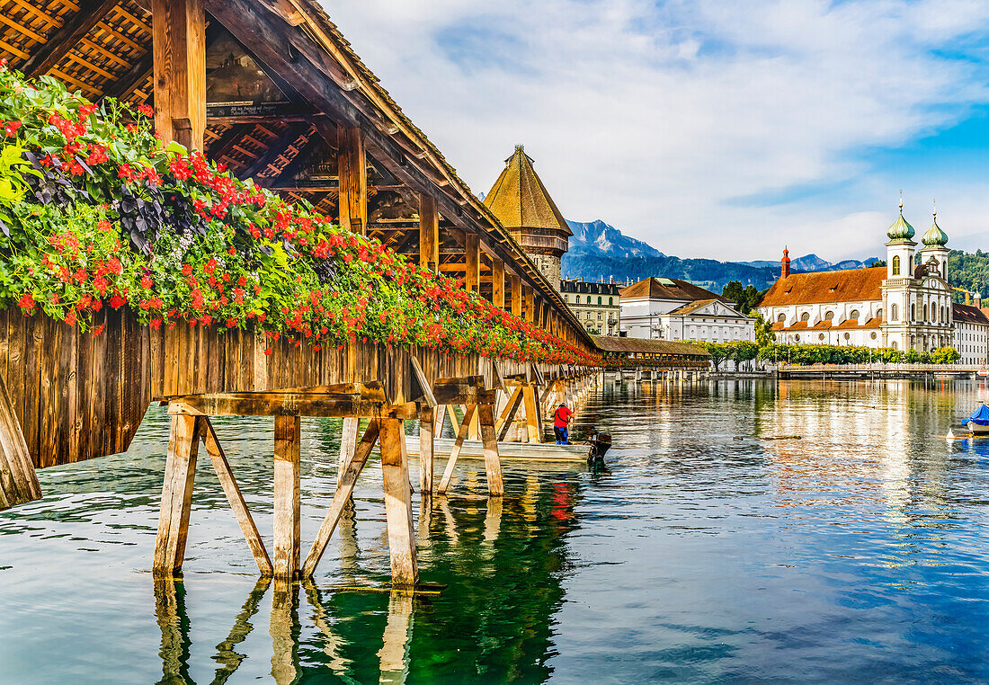 Kapellbrucke Jesuit Church reflection, Lucerne, Switzerland. Built in 1365