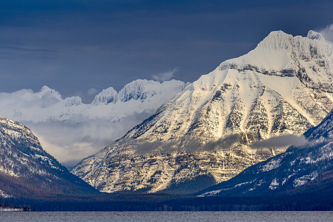 Winter on the Garden Wall and Cannon Mountain over Lake McDonald in Glacier National Park, Montana, USA