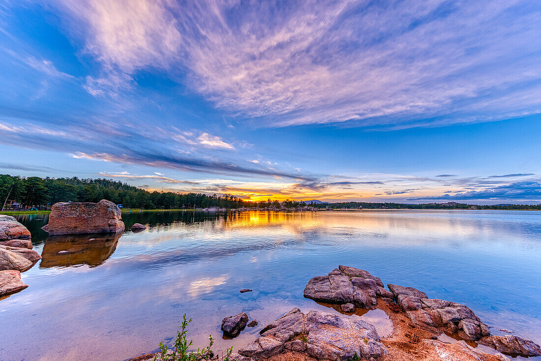 USA, Colorado, Dowdy Lake. Sunset on lake.