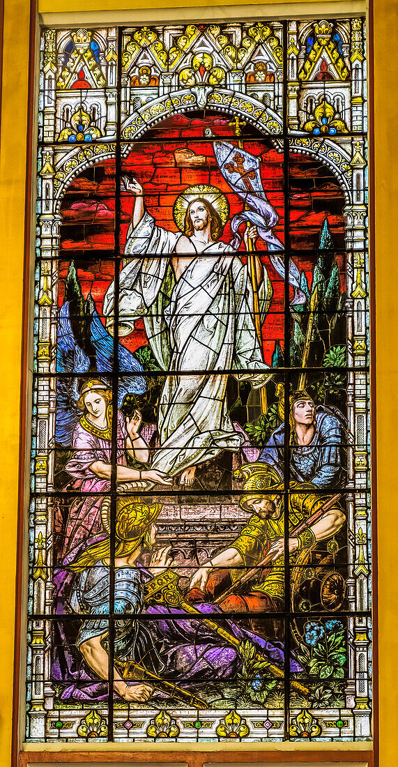 Christ the Victor Resurrection stained glass Gesu Church, Miami, Florida. Built 1920's. Glass by Franz Mayer.