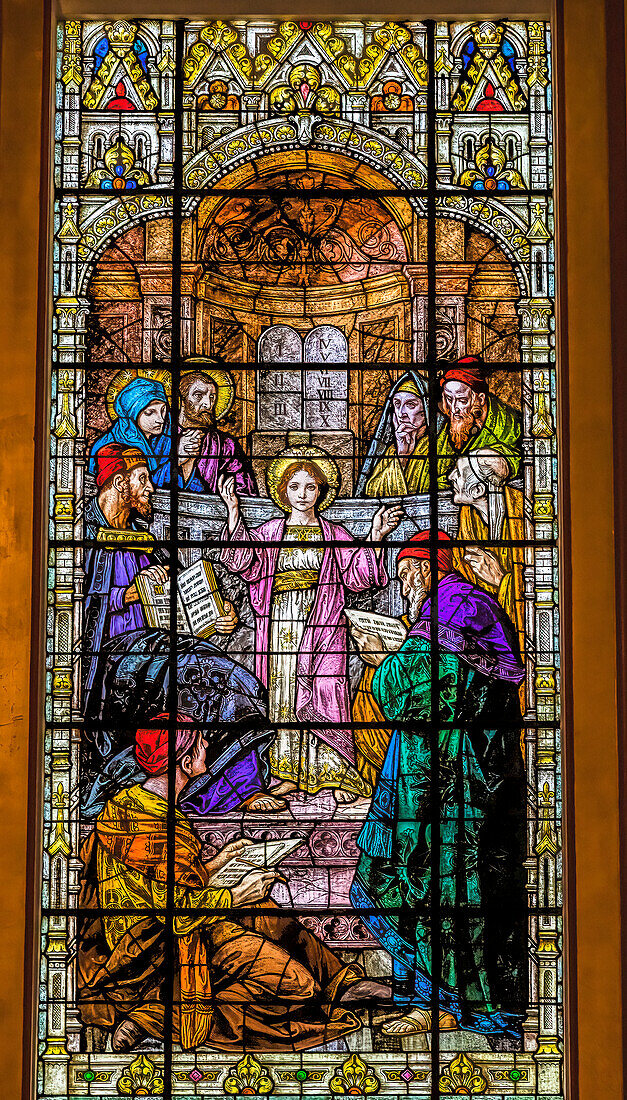 Young Jesus preaching stained glass Gesu Church, Miami, Florida. Built 1920's Glass by Franz Mayer.