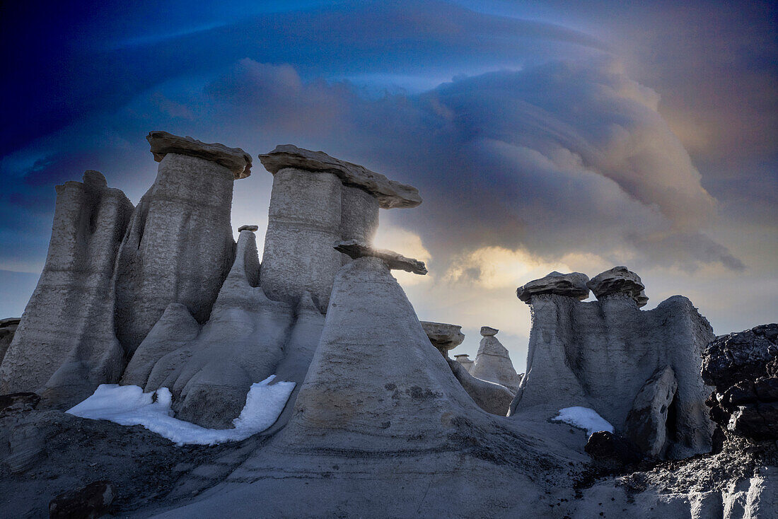 USA, New Mexico. Bisti Badlands eroded rock formations.