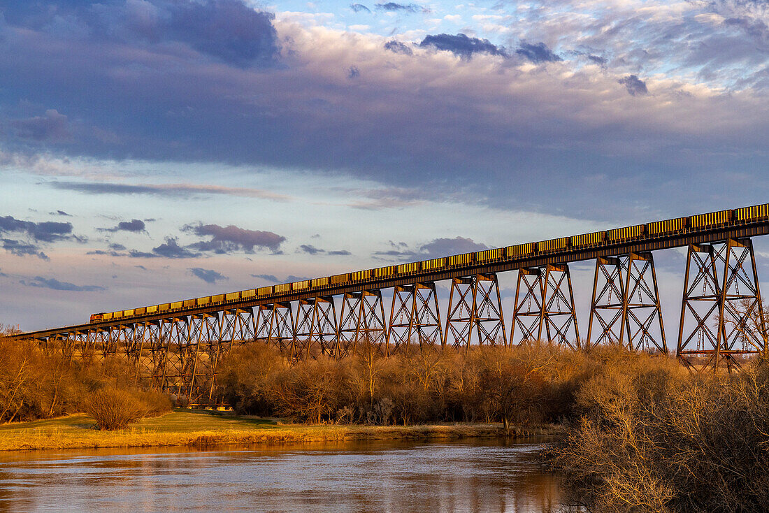 Freight train crosses Hi- Line Trestle over the Sheyenne River in Valley City, North Dakota, USA