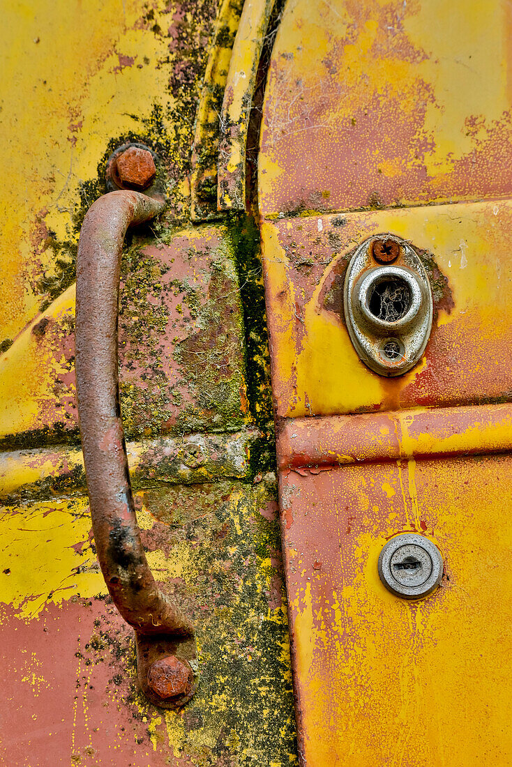 USA, Oregon, Tillamook. Close-up of old and rusted truck door handle