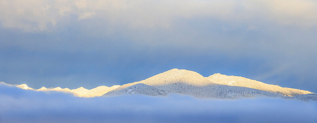 USA, Bundesstaat Washington. Sonnenaufgangspanorama der schneebedeckten Berge im Olympic National Forest.