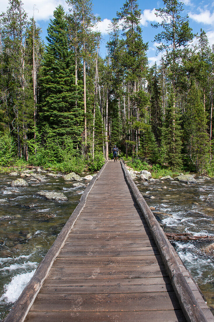 Fußgängerbrücke über den String Lake, Grand Tetons National Park, Wyoming, USA. (Nur für redaktionelle Zwecke)