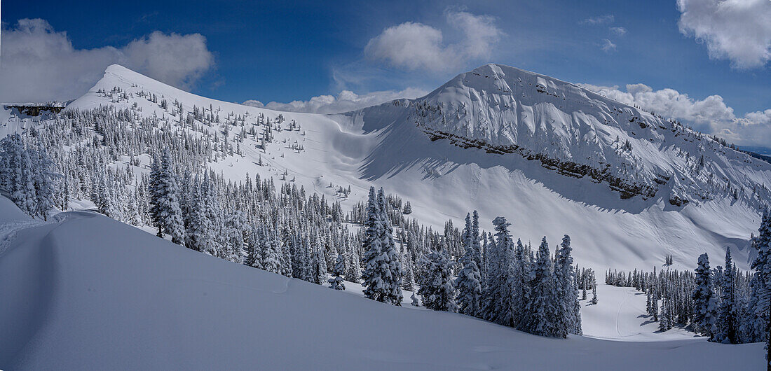 USA, Wyoming. Panoramic of Peaked Mountain and Mary's Nipple, Grand Targhee Resort with new snow.