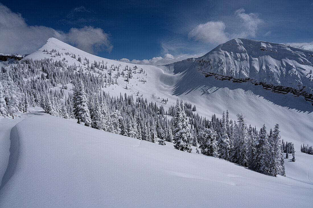 USA, Wyoming. Peaked Mountain and Mary's Nipple, Grand Targhee Resort with new snow.