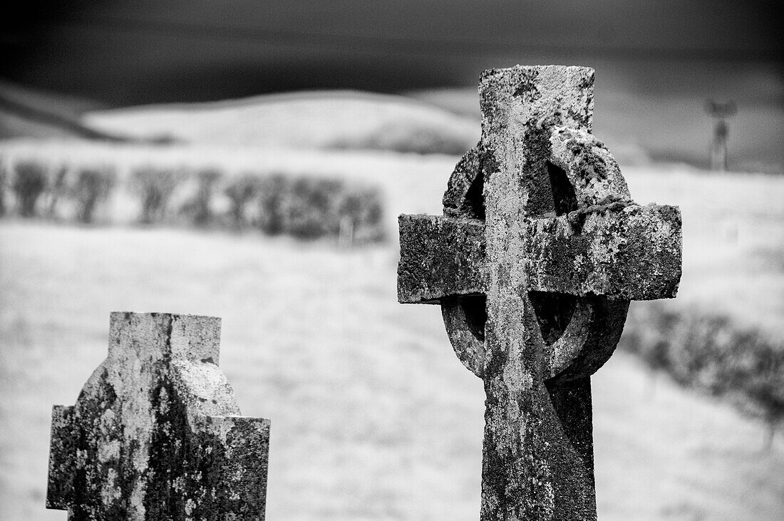 Ein altes, mit Flechten bedecktes keltisches Kreuz steht seit vielen Jahren in der Burrishoole Abbey in der Grafschaft Mayo, Irland.