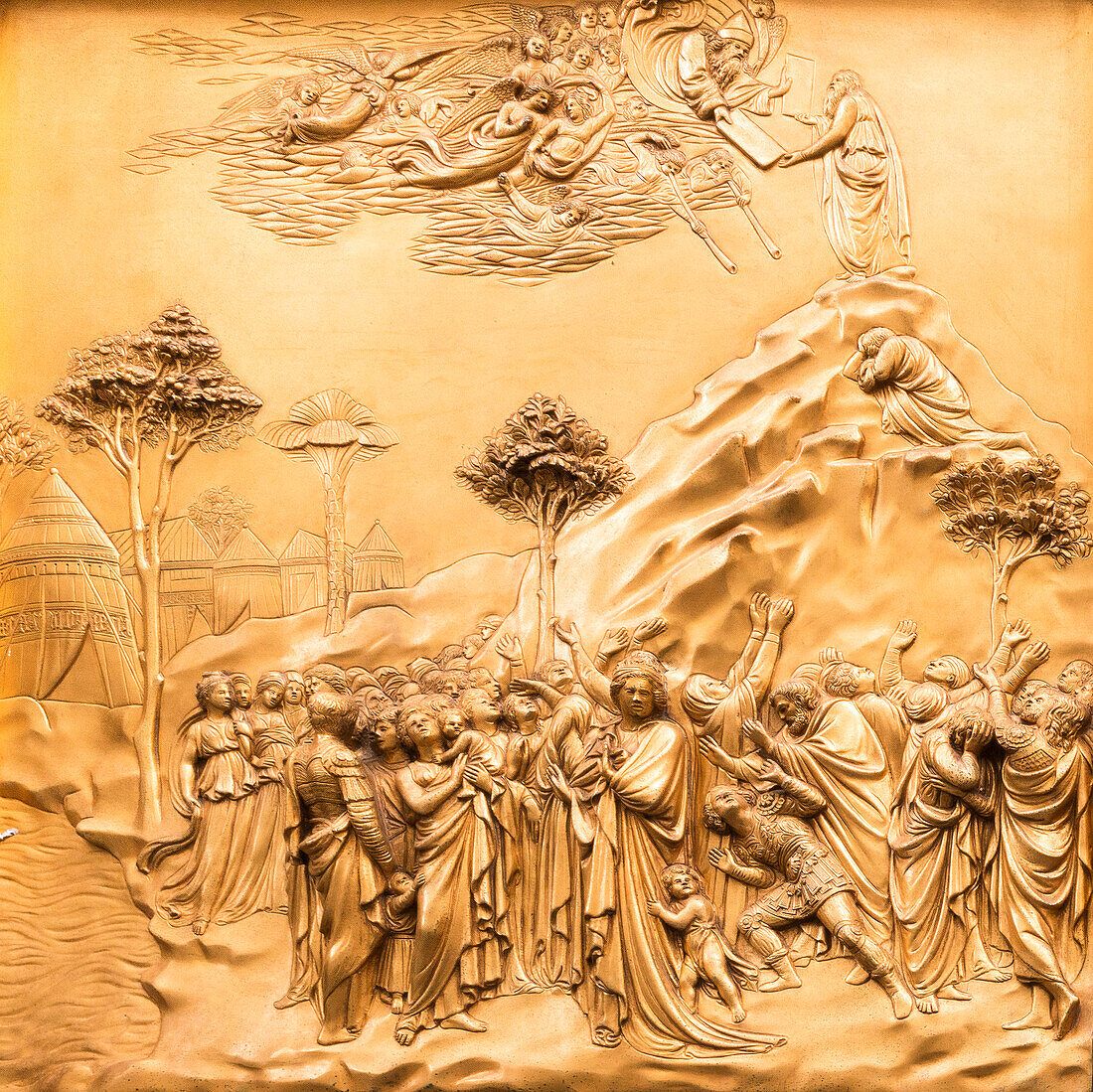 Duomo Santa Maria del Fiore. Golden decorations on the East Door or Gates of Paradise by Lorenzo Ghiberti. Tuscany, Italy.