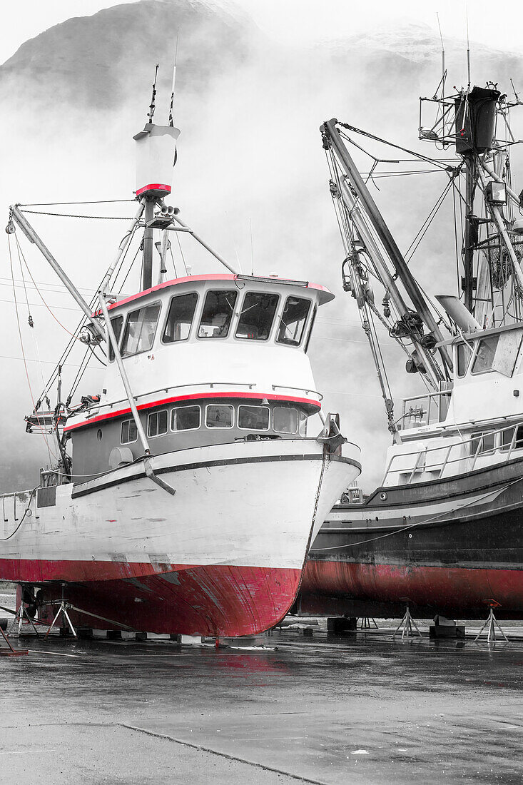 Alaska, Valdez. Fishing boats on dry dock. Artistic rendering.