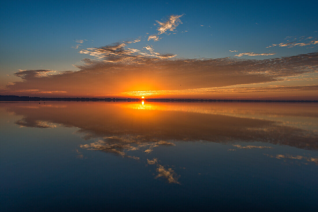 Atemberaubende Farben des Sonnenaufgangs und der Wolken, die sich auf dem Lake Hancock vom Circle B Bar Preserve, Florida, spiegeln.