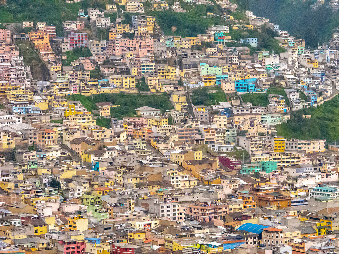 Ecuador, Quito. Aerial overview of Old Town buildings.
