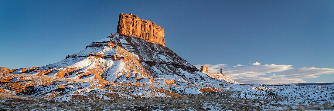 USA, Utah. Winter vista of Castleton Tower, the Rectory, and other mesas near Castle Valley and Moab.