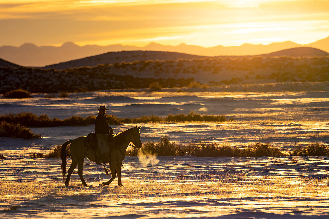 USA, Shell, Wyoming. Hideout Ranch, Sonnenuntergang und Cowboy im Schatten (PR,MR)