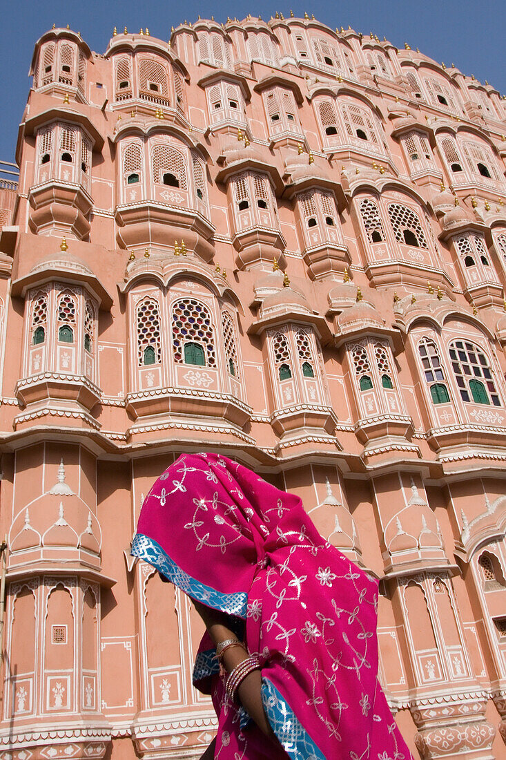 At Hawa Mahal City Palace, Jaipur's most distinctive landmark; Jaipur, Rajasthan State, India