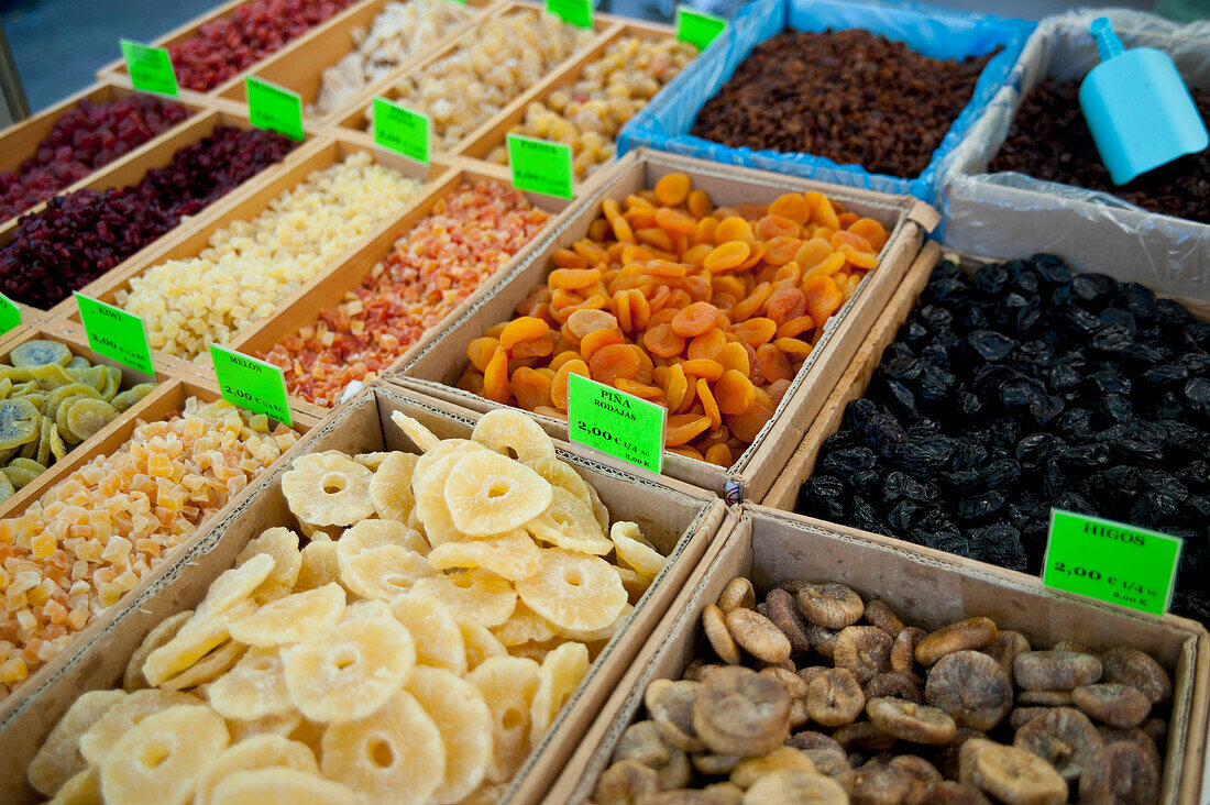 Nuts And Dry Fruits In A Street Market In Alcudia, Mallorca, Balearic Islands, Spain