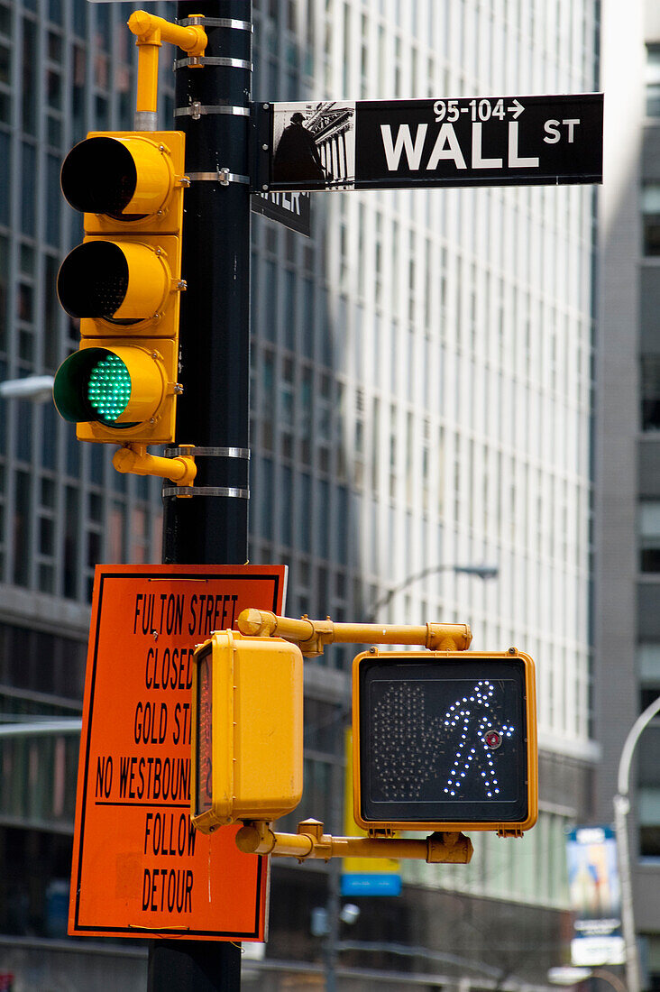 Traffic Light In Wall Street, Financial District, Manhattan, New York, Usa