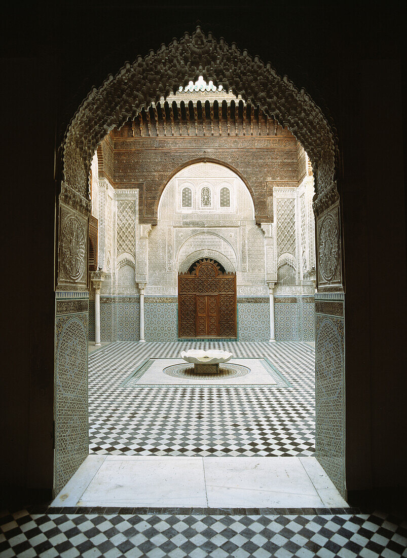 Morocco, Courtyard of Medersa El Attarin in Old town; Fez